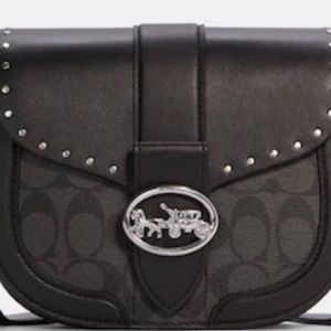 Coach Georgie Rivets Black Leather & Signature Canvas Saddle Bag NWTS